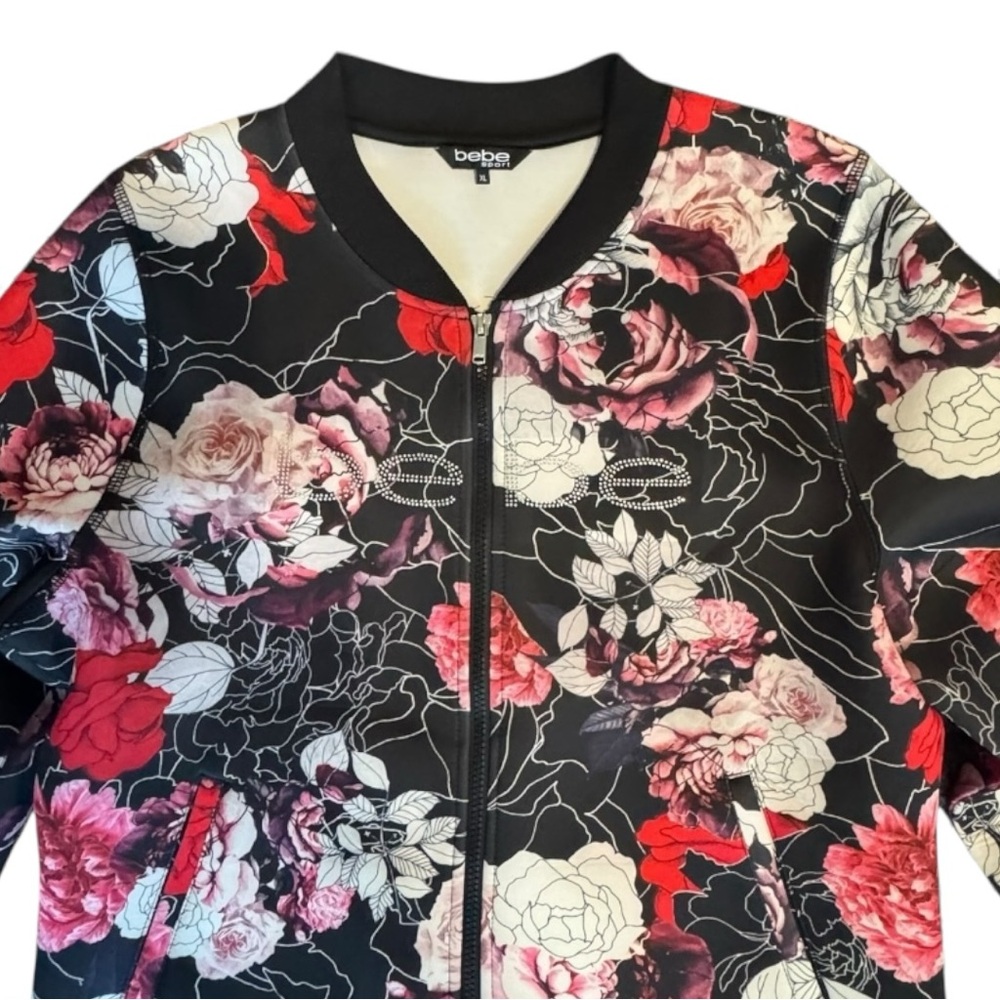Bebe Sport Y2K Floral Zip Up Bomber Jacket Coat Black Red XL Vintage Streetwear - Picture 5 of 7